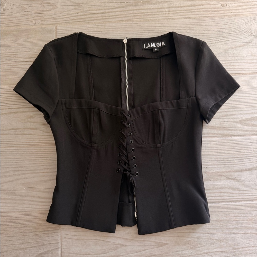 I.AM.GIA Black Lace-Up Crop Top